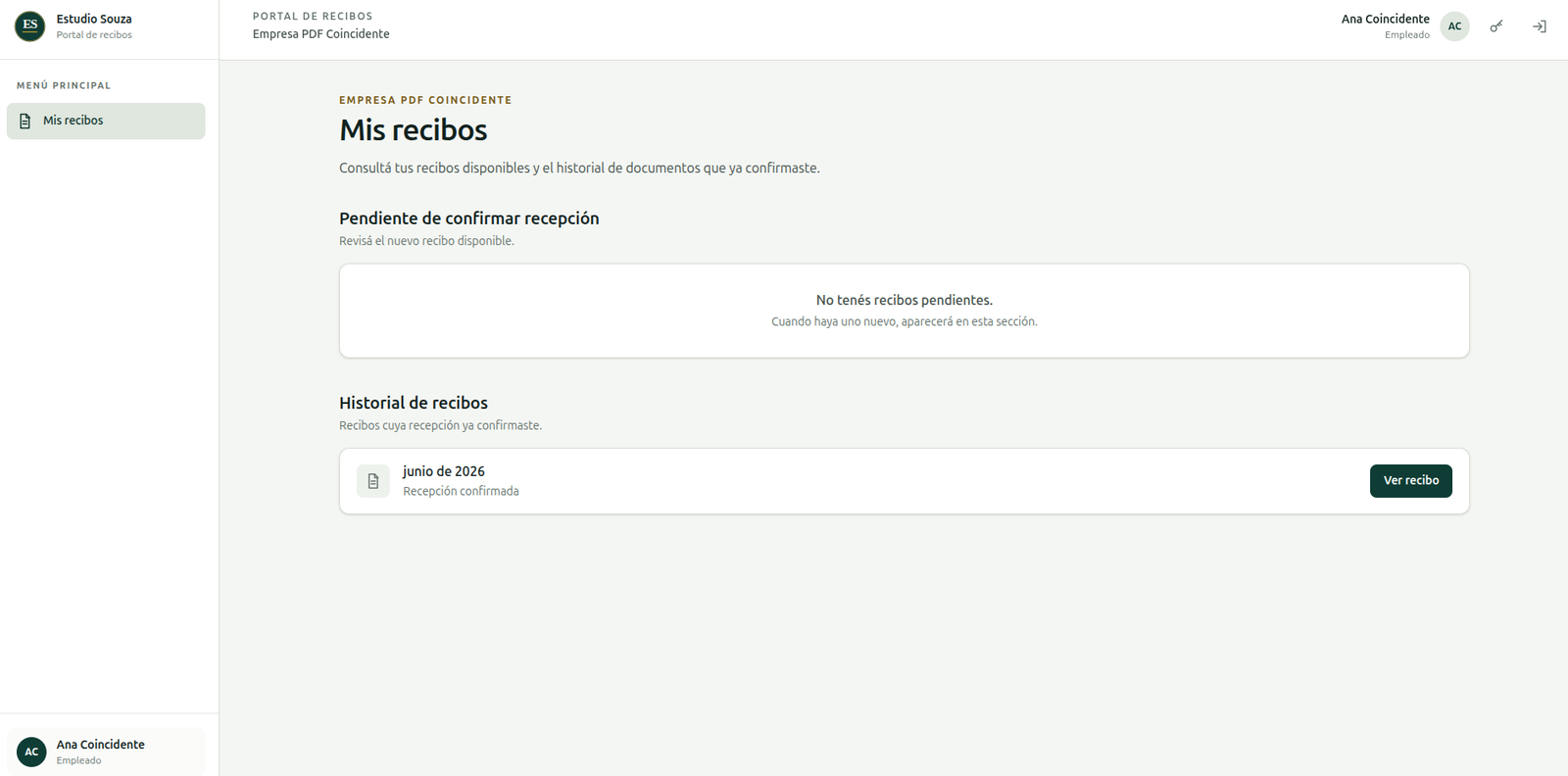Panel de recibos de sueldo disponibles e historial de documentos